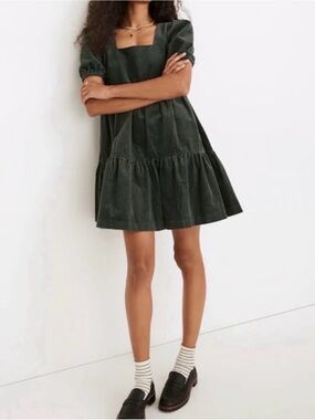 Madewell Corduroy Aidy Square-Neck Tiered Mini Dress Green Size 6